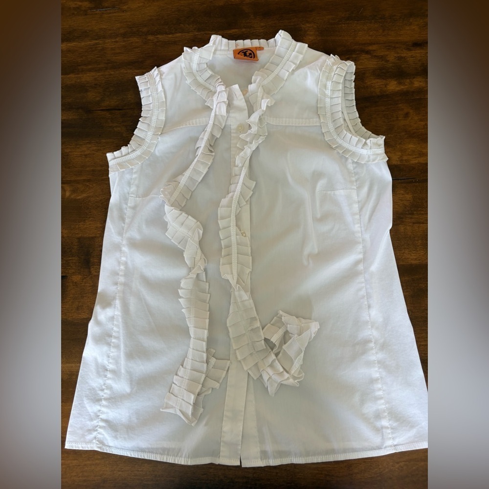 Tory Burch White Ruffle Sleeveless Blouse Size 2